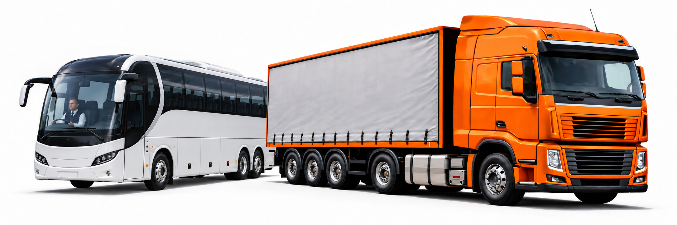 Orange heavy goods vehicle and white coach